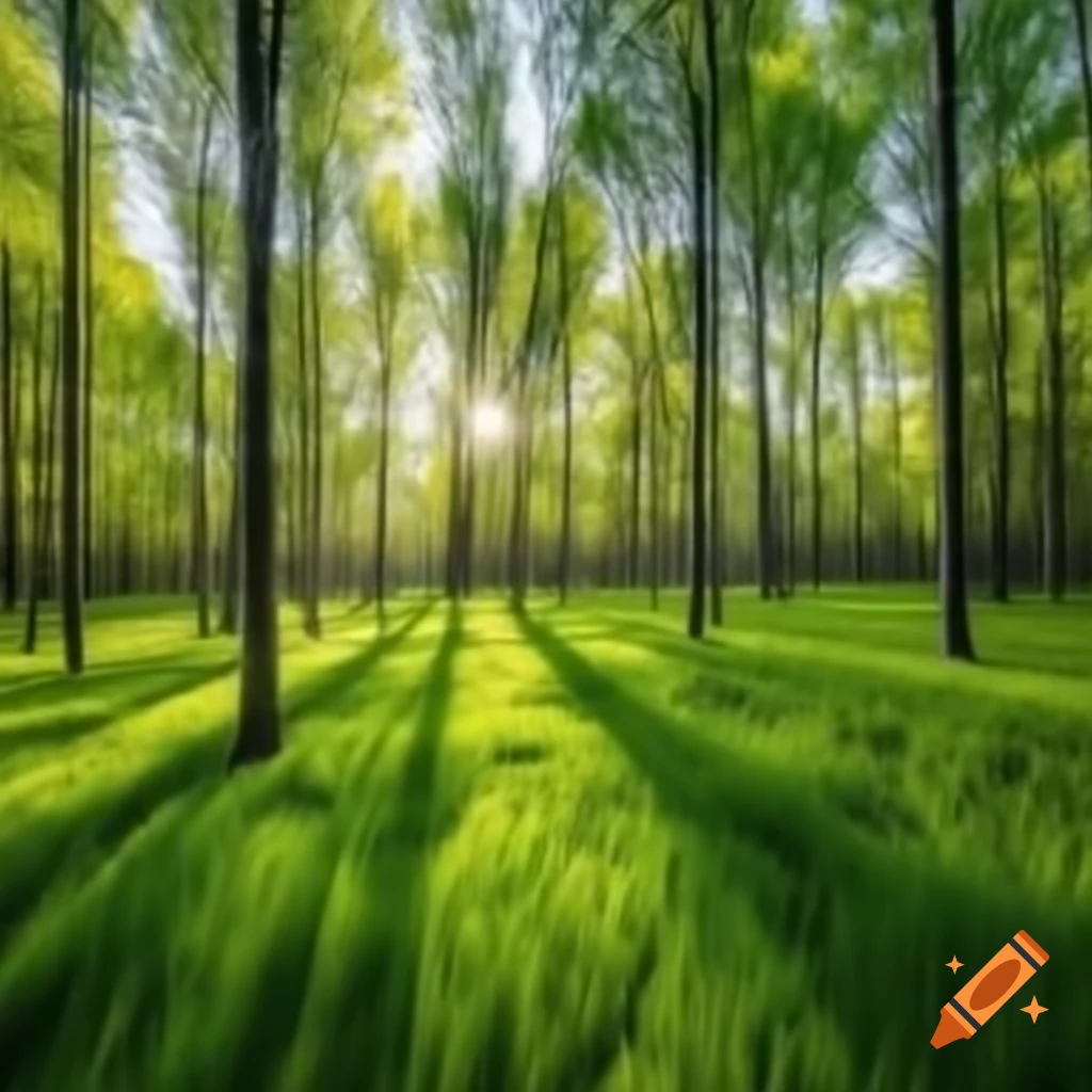 Small green meadow in forest beside beech trees under midday sun