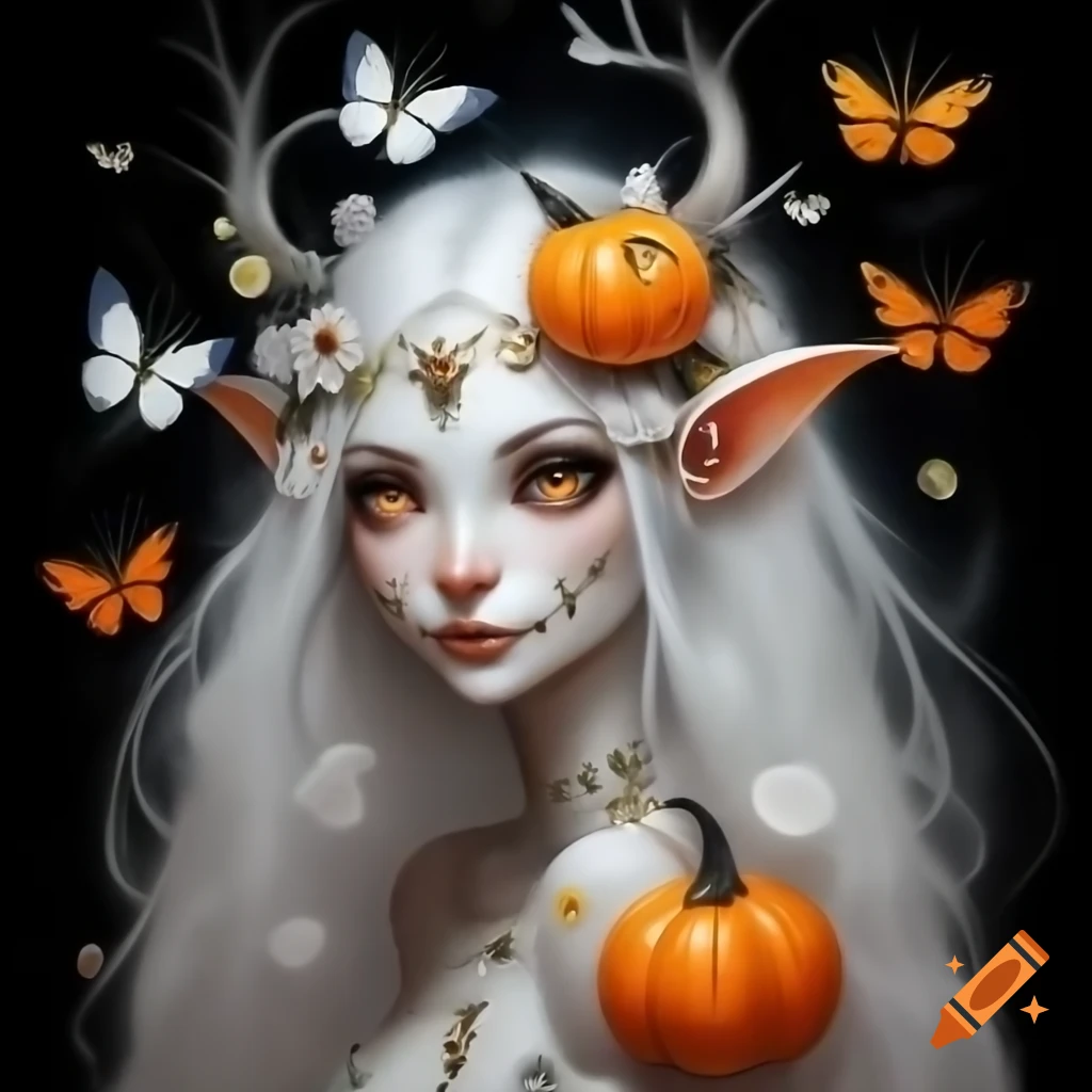 Beautiful white mystical witch with flowers and butterflies on black background