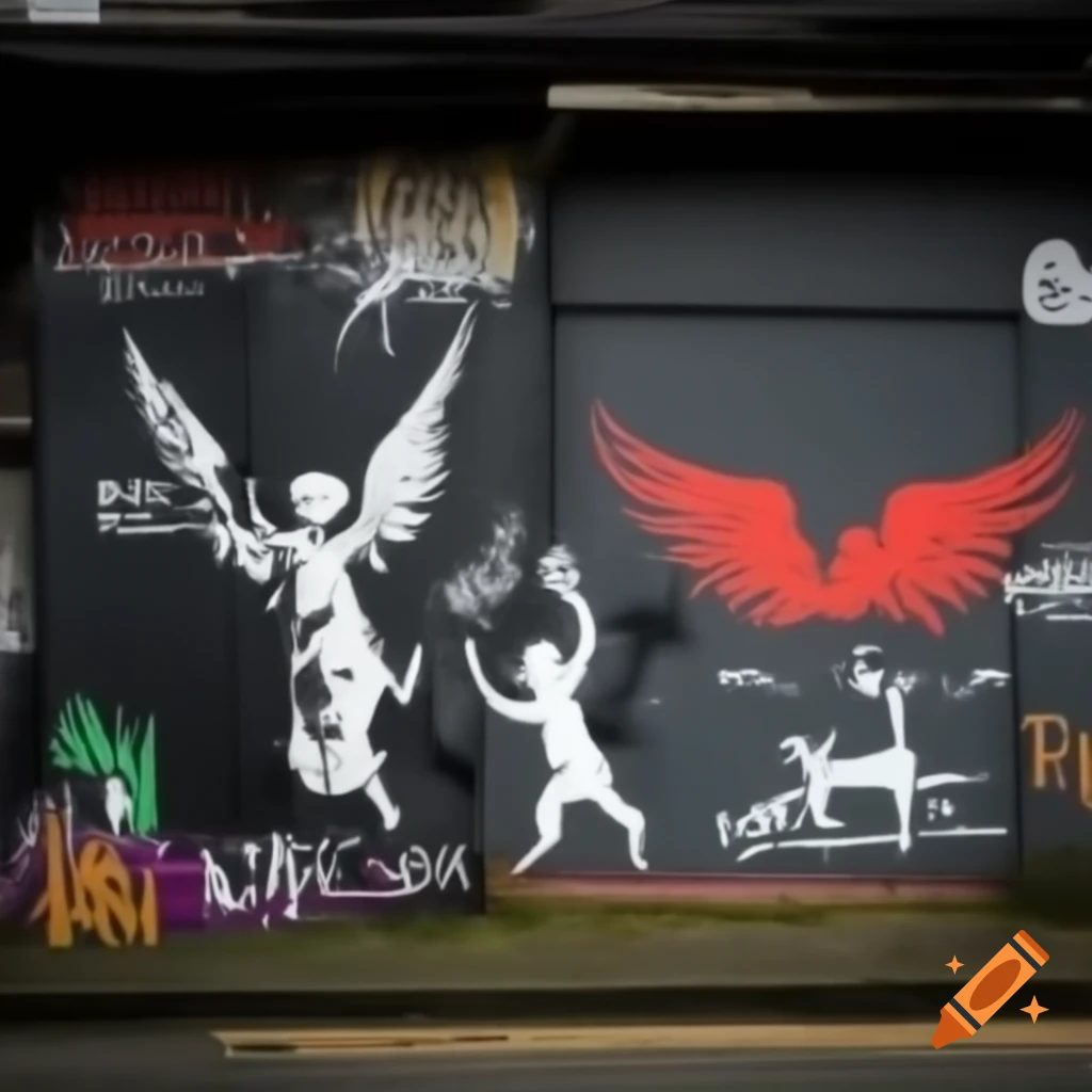 Graffiti depicting battle between angels and demons in Banksy style