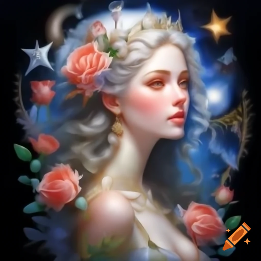 Realistic goddess portrait with flowers and galaxy background