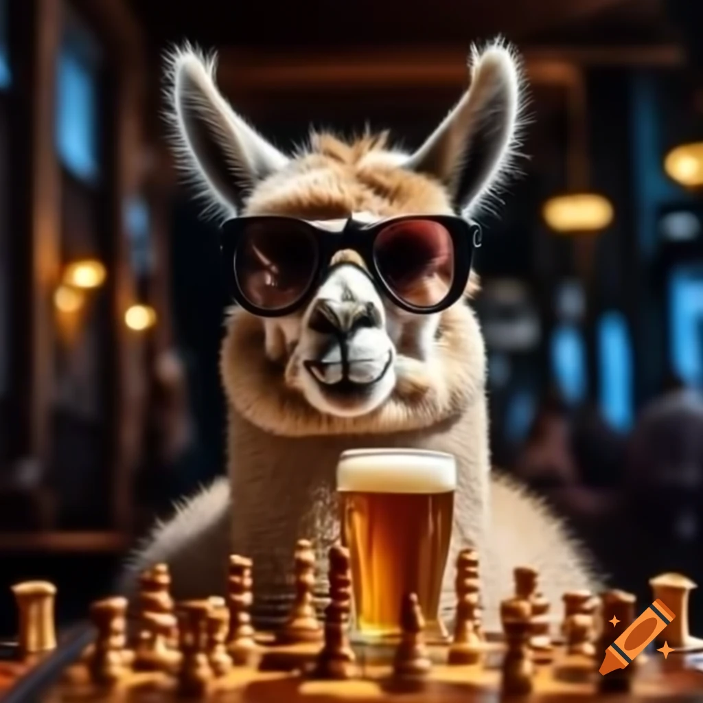 Llama in sunglasses at chess board with beer