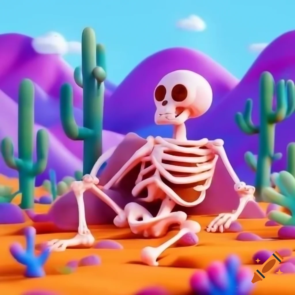 Surreal landscape with skeleton over colorful desert and cacti