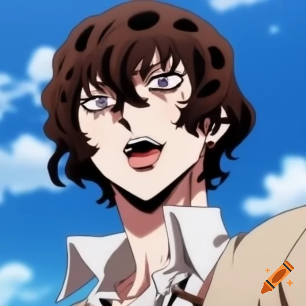 Osamu Dazai in JoJo art style with pink lips and blue sky