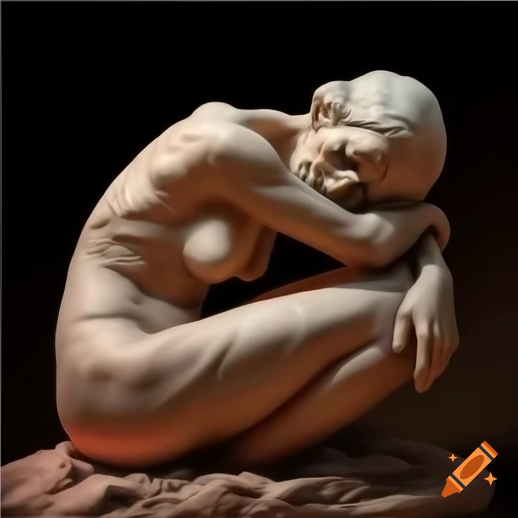 Old masters painting of sleeping figure transitioning into realistic sculpture with warm colors
