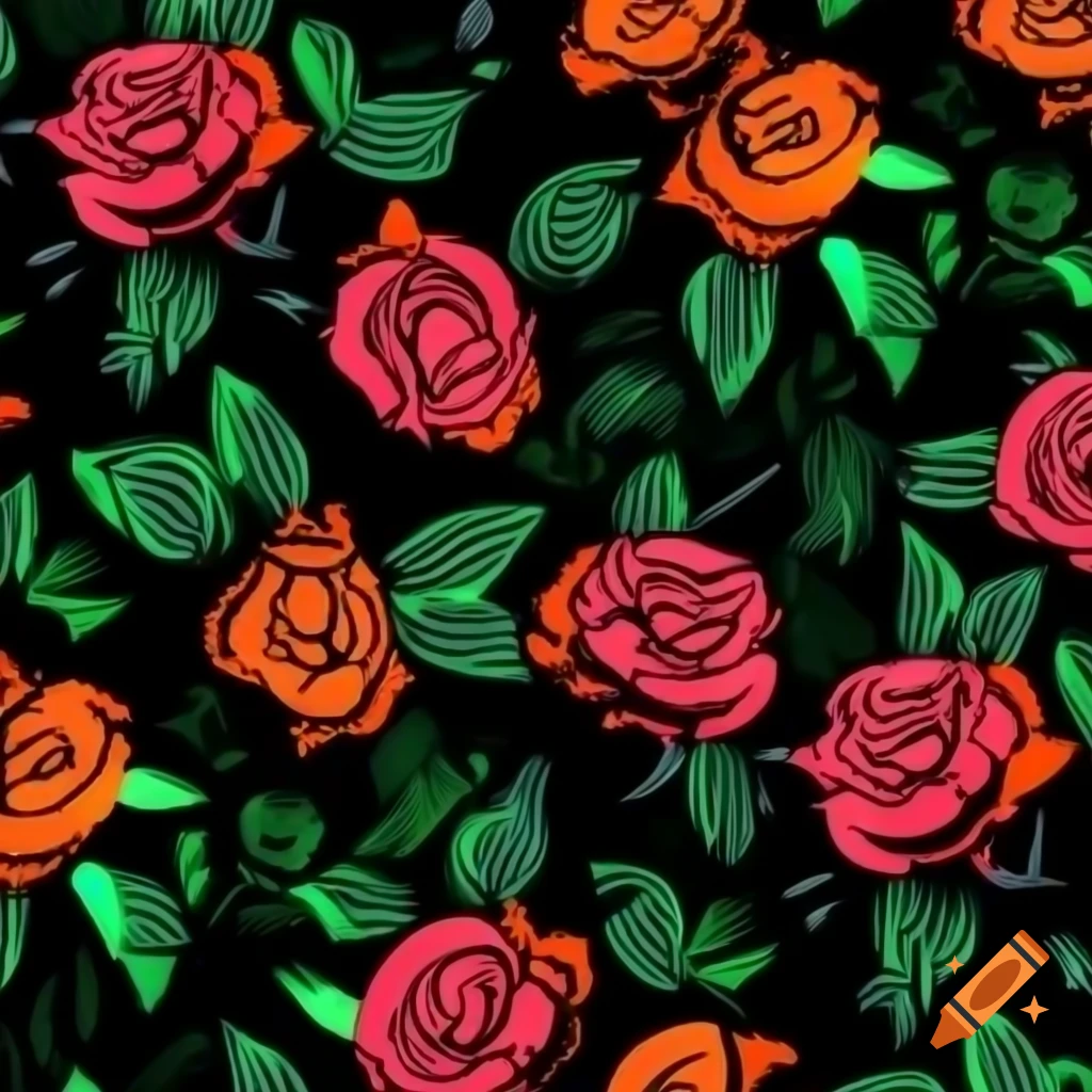 Vibrant seamless pattern of digital roses in urban jungle theme with neon colors