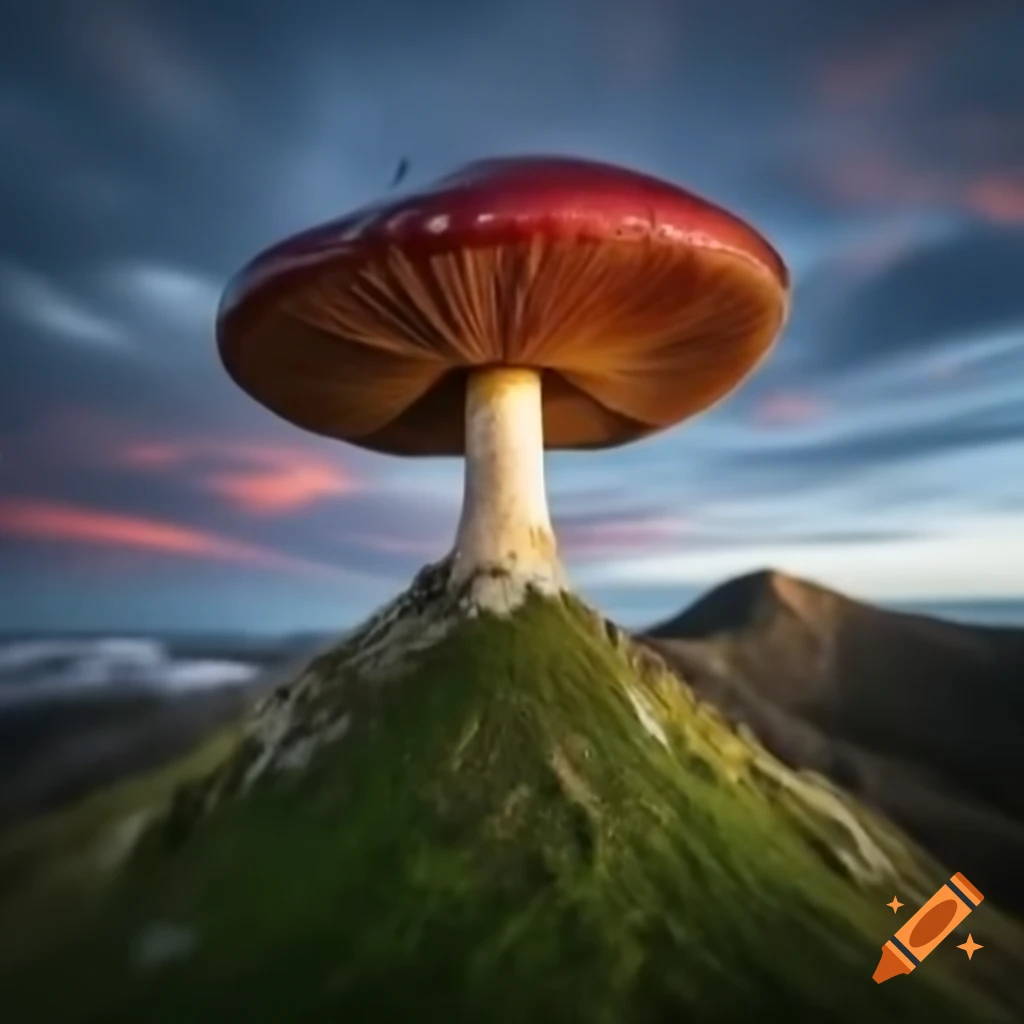 Mushroom hill landscape with various mushrooms and greenery