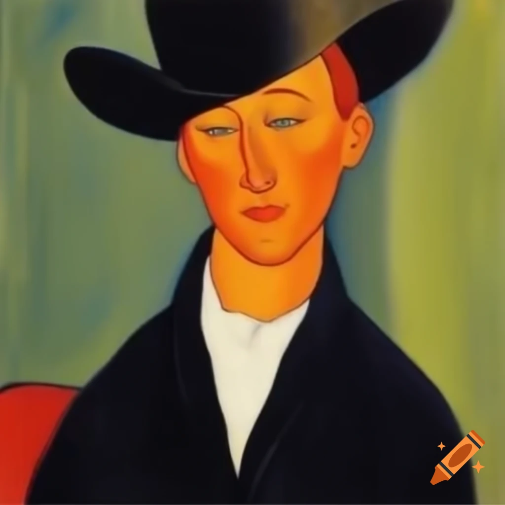Portrait blending Modigliani and Matisse styles in modern Western attire
