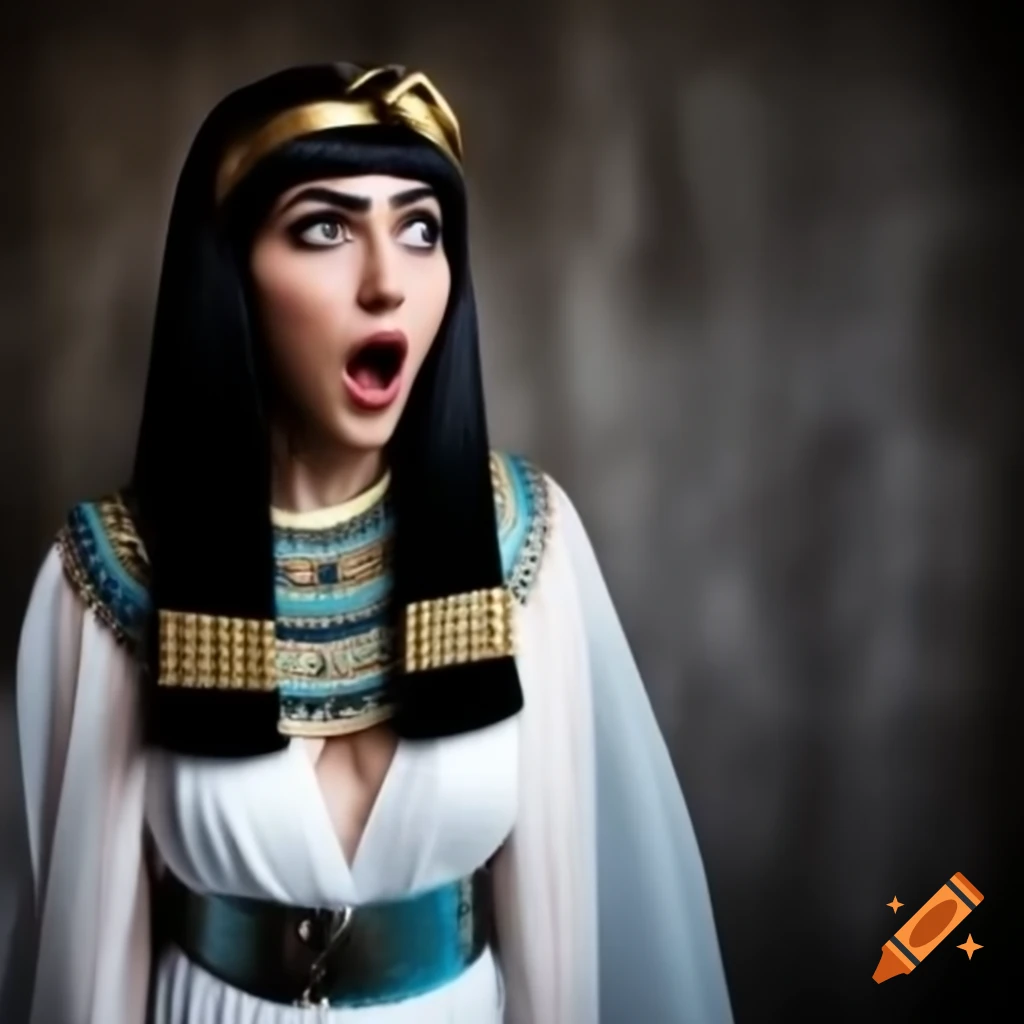 Elegant Cleopatra cosplayer with surprised expression, experiencing off-screen discomfort