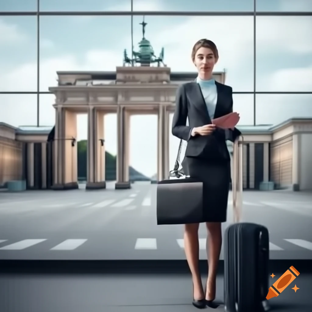 Young professional with passport and suitcase in front of Brandenburg Gate, airport excitement