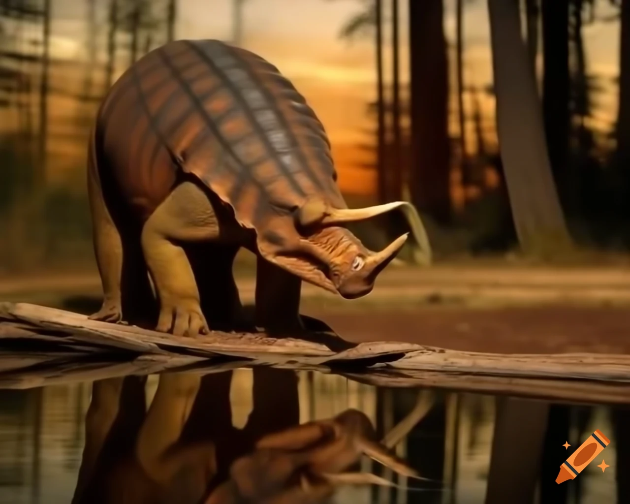 Cinnamon ankylosaurus drinking in pond under tree in British Columbia landscape