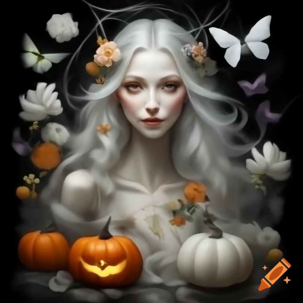 Beautiful white mystical witch with flowers and butterflies on black background