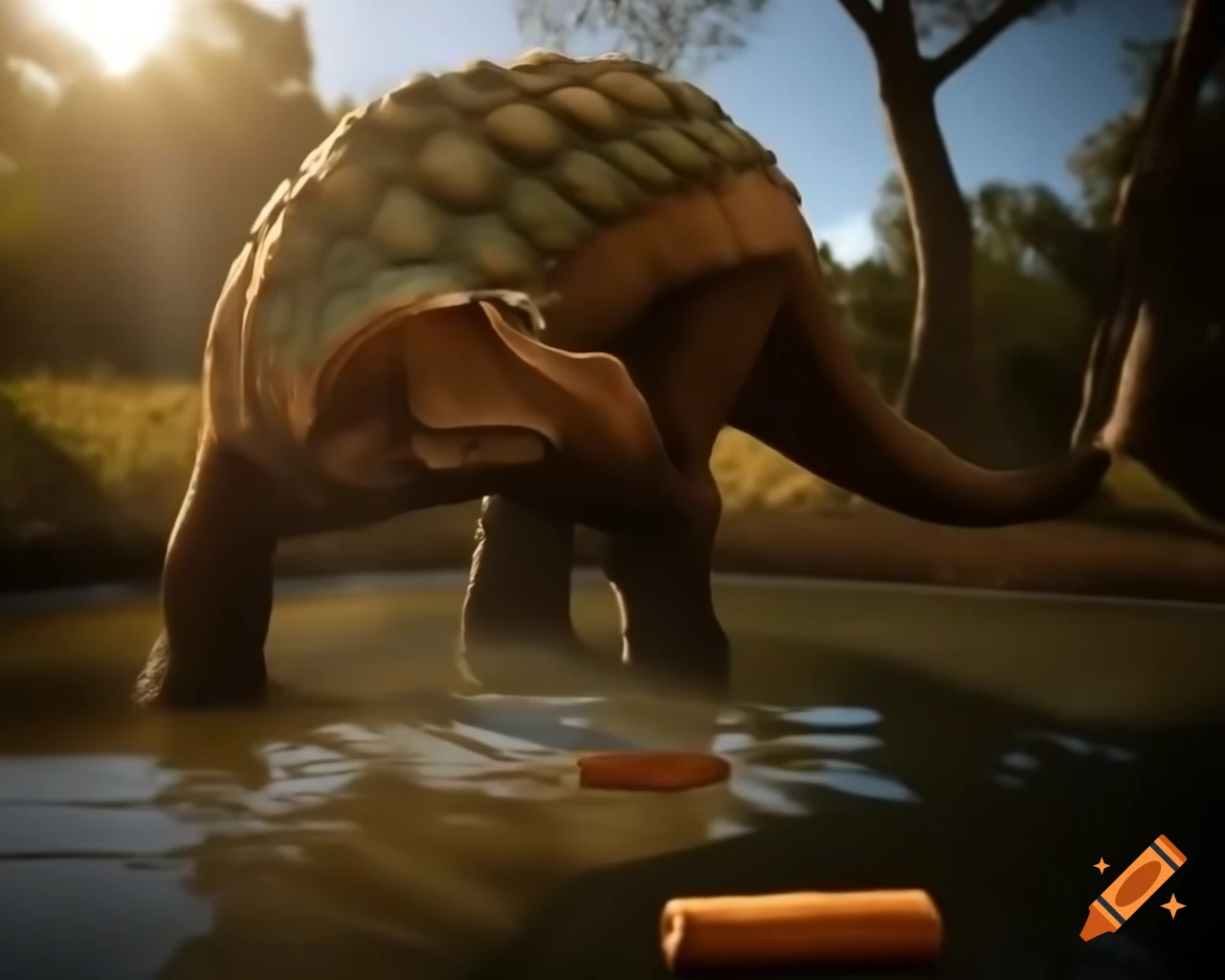 Ankylosaurus drinking from pond in sunny clearing with trees and bushland