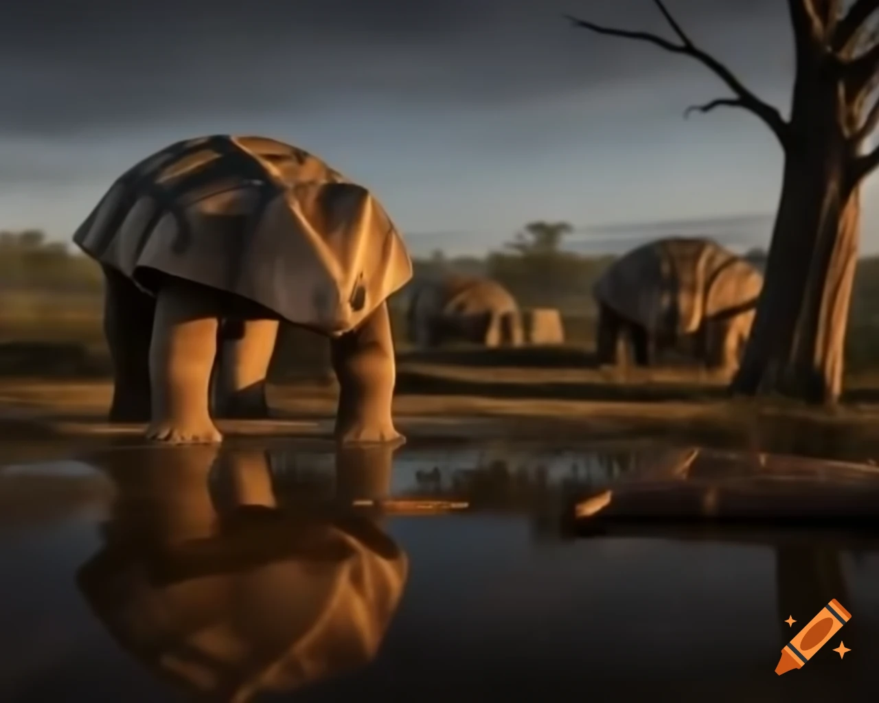 Cinnamon and grey ankylosaurus drinking in puddle beside sandgrouses in sunny prehistoric bushland