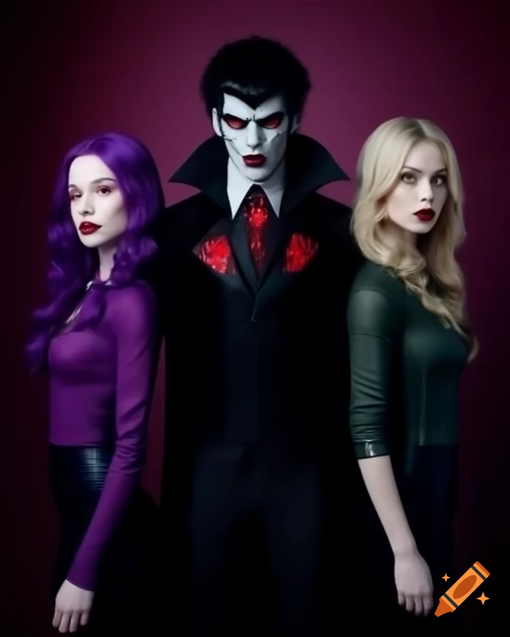 Black-haired male vampire with purple-haired and blonde women, hyper-realistic style