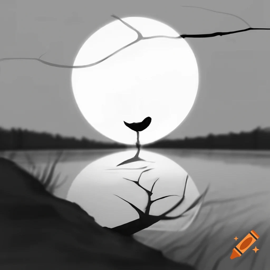 Minimalist black and white pencil drawing of bird by lake at night with full moon