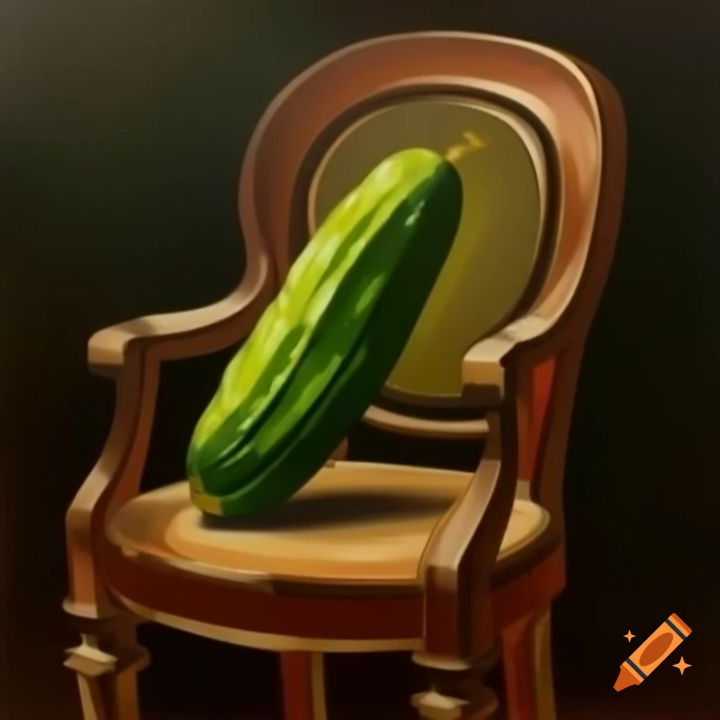 Elegant Victorian-style painting featuring a pickle in a chair