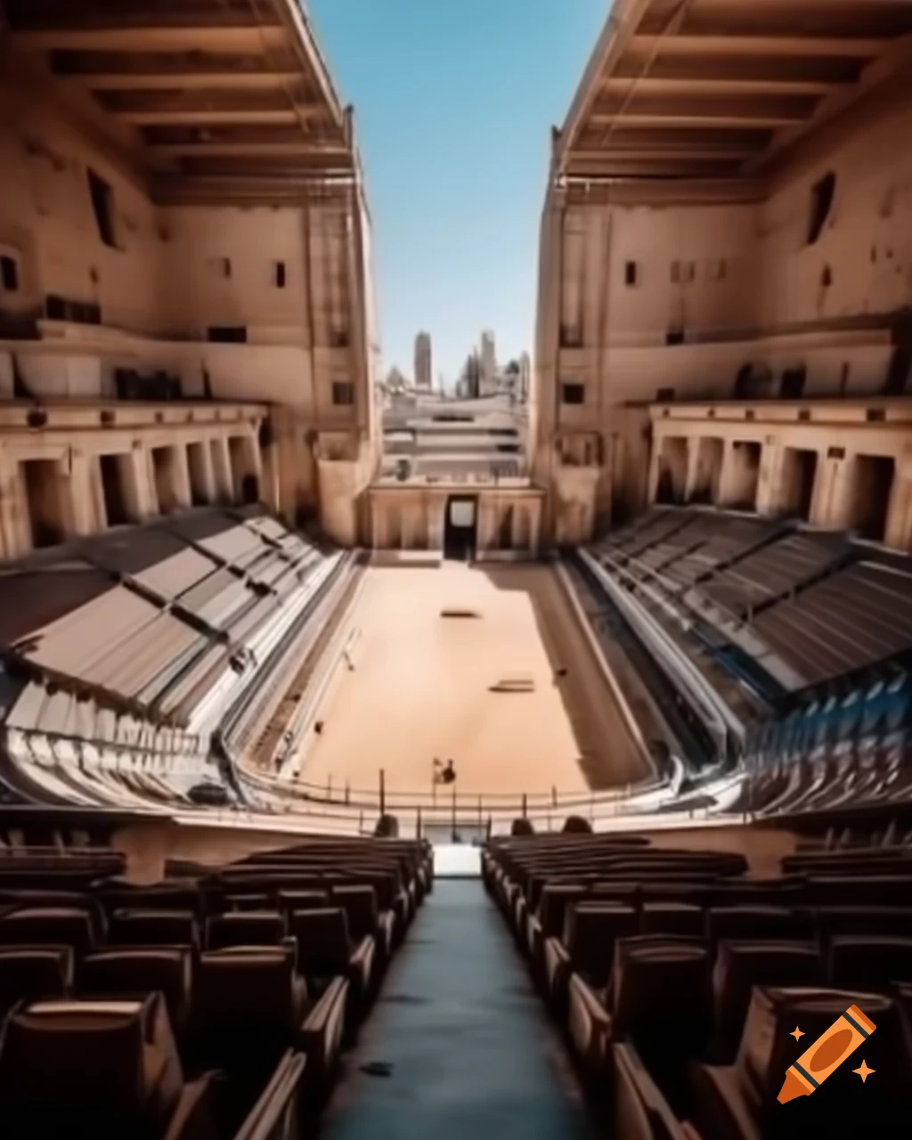 Grand interior view of gladiator arena with sandy floor and stone walls in ancient Egyptian style