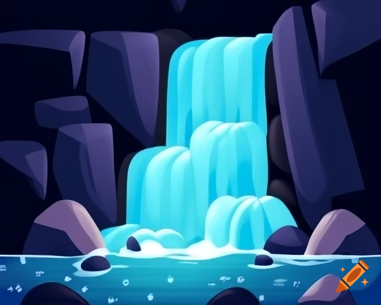 Bubbling brook cascading over stones in stylized video game art