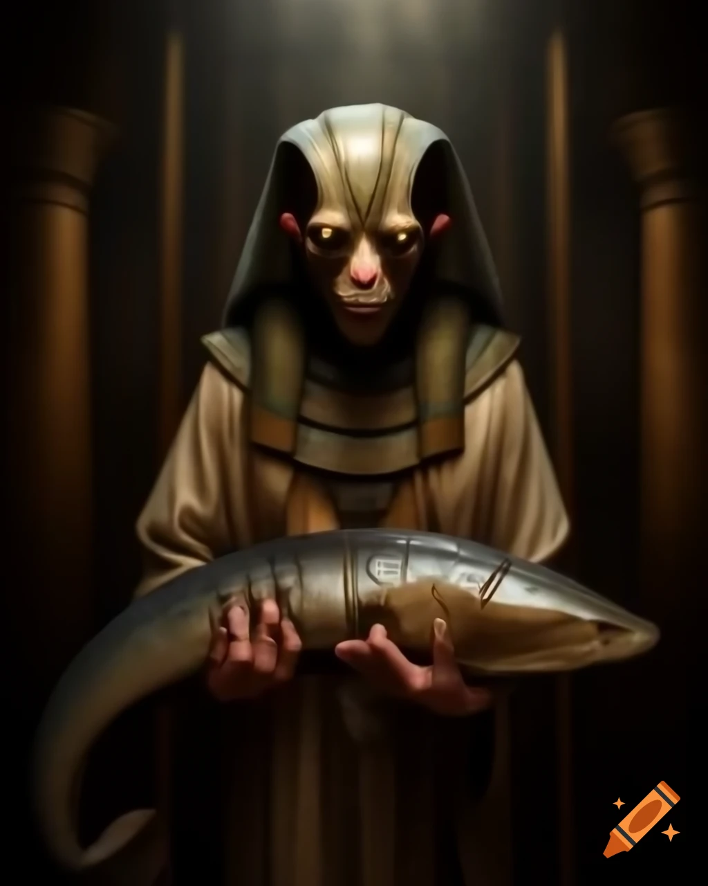 Ancient Egyptian priest holding large eel beetle in full length portrait