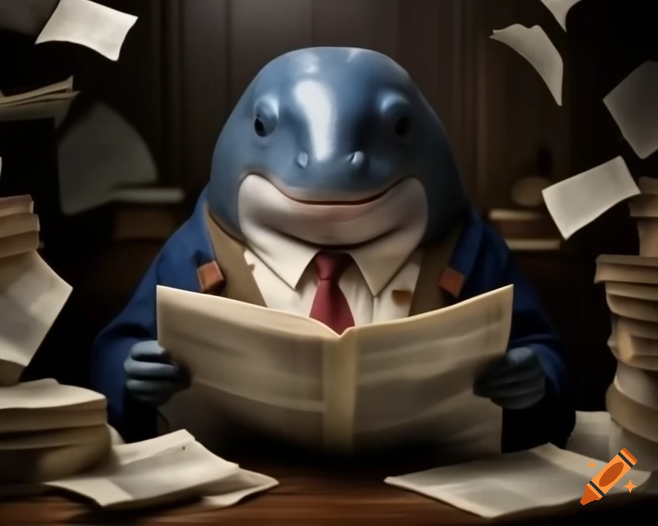 Anthropomorphic whale reading newspaper in hyper-realistic photography