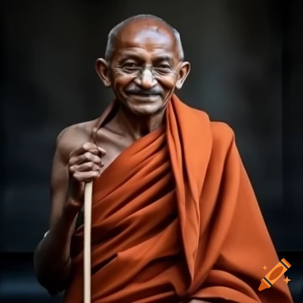 Mahatma Gandhi standing with a stick
