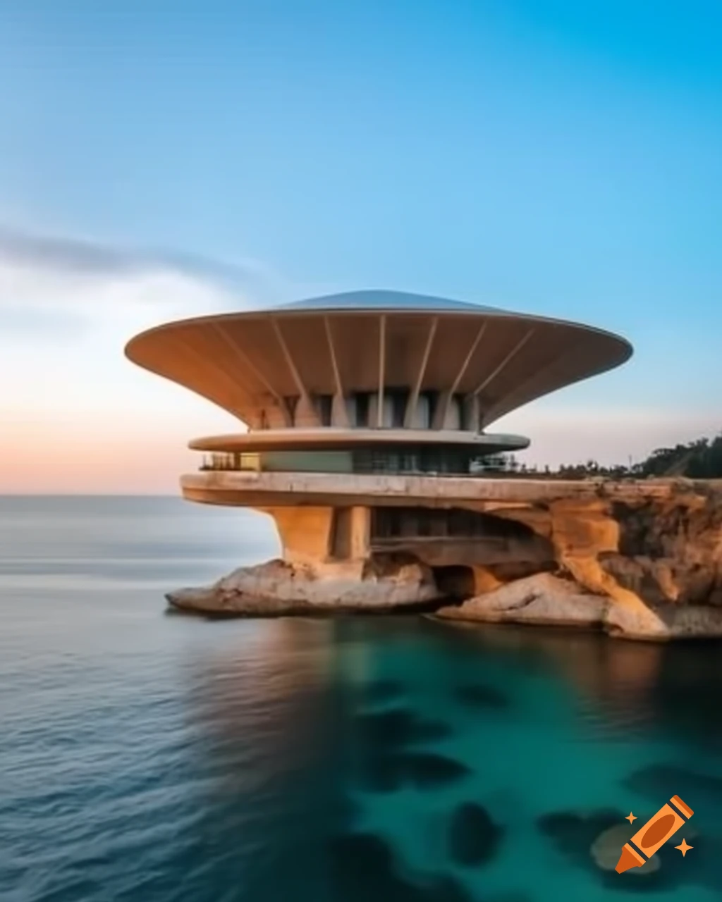 Biopunk solarpunk mushroom house on cliff overlooking crystal clear sea