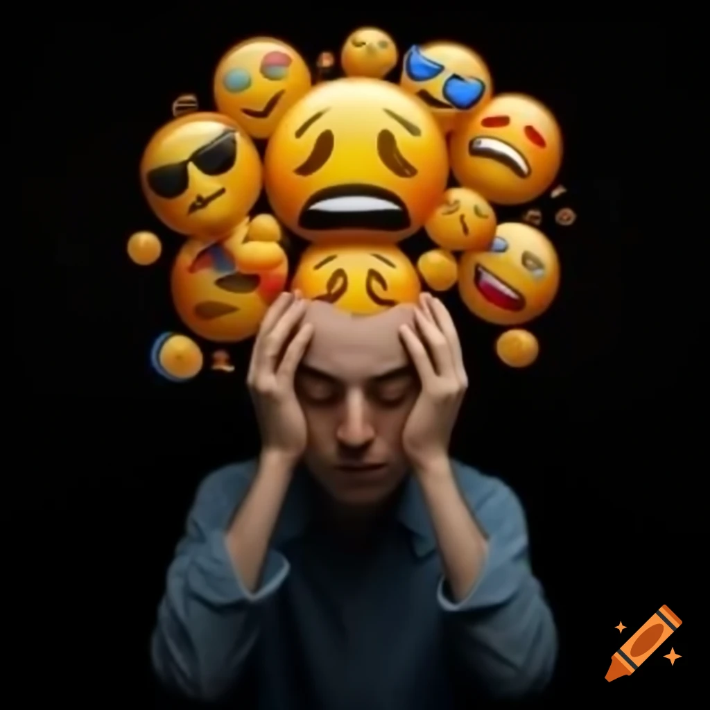 Character expressing sadness surrounded by various emojis