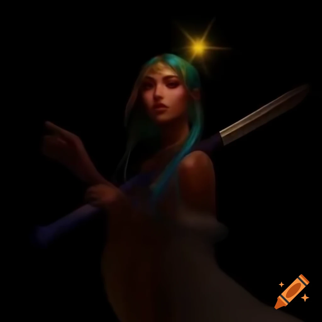 Colorful-haired queen holding sabers of sunshine