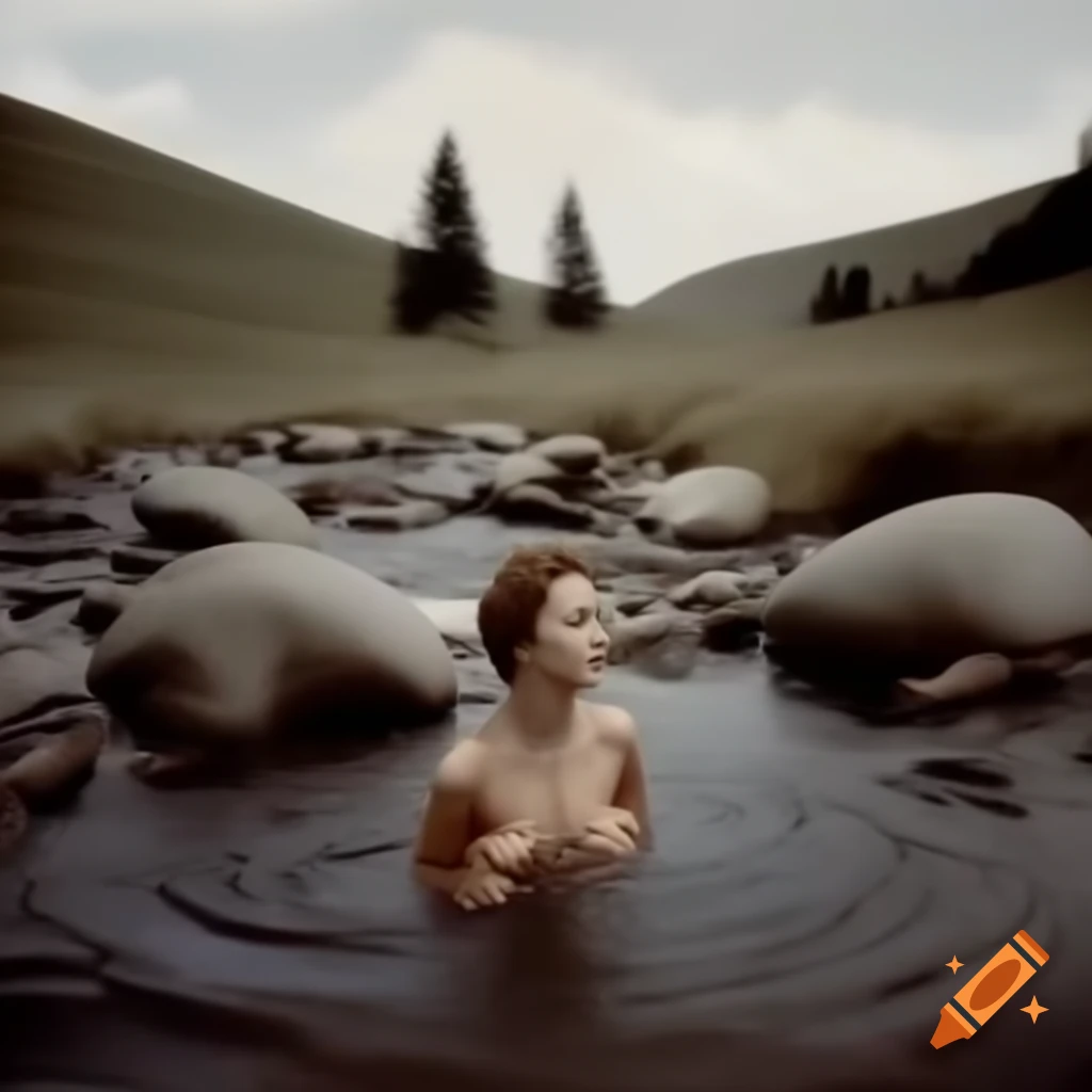 Woman bathing in woodland stream near boulders and grassy hills