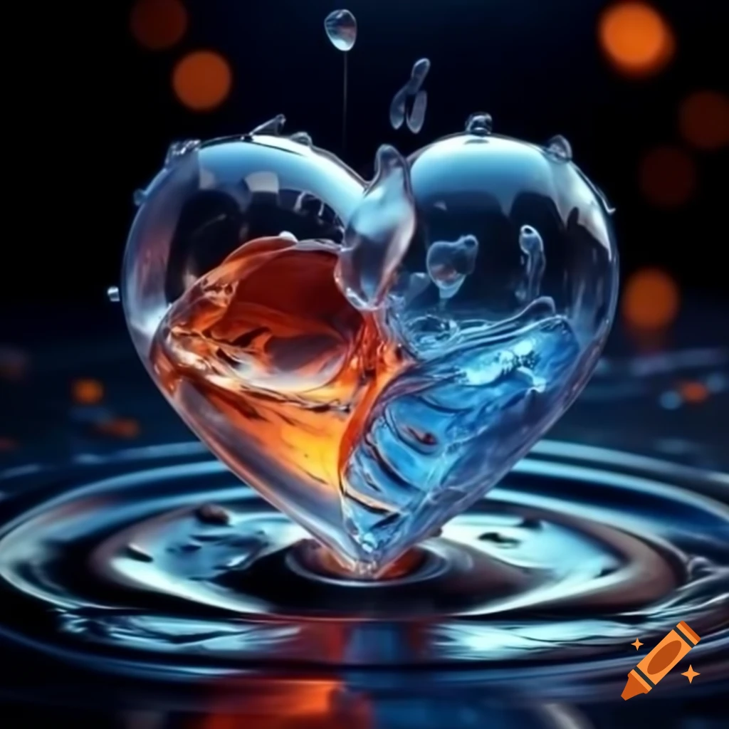 Broken crystal heart with golden veins glowing inside, snowy night background