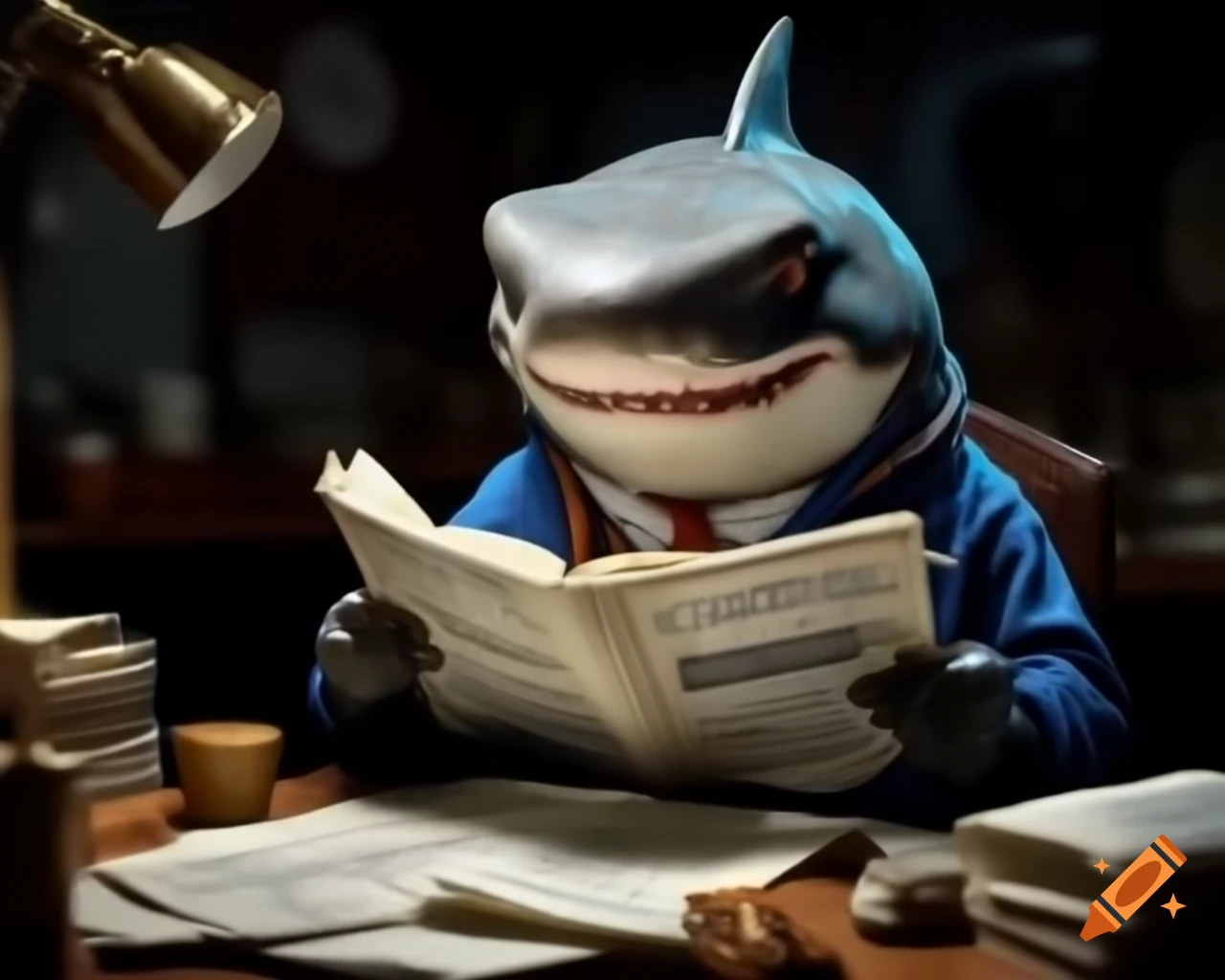 Anthropomorphic shark reading newspaper in hyper-realistic photography