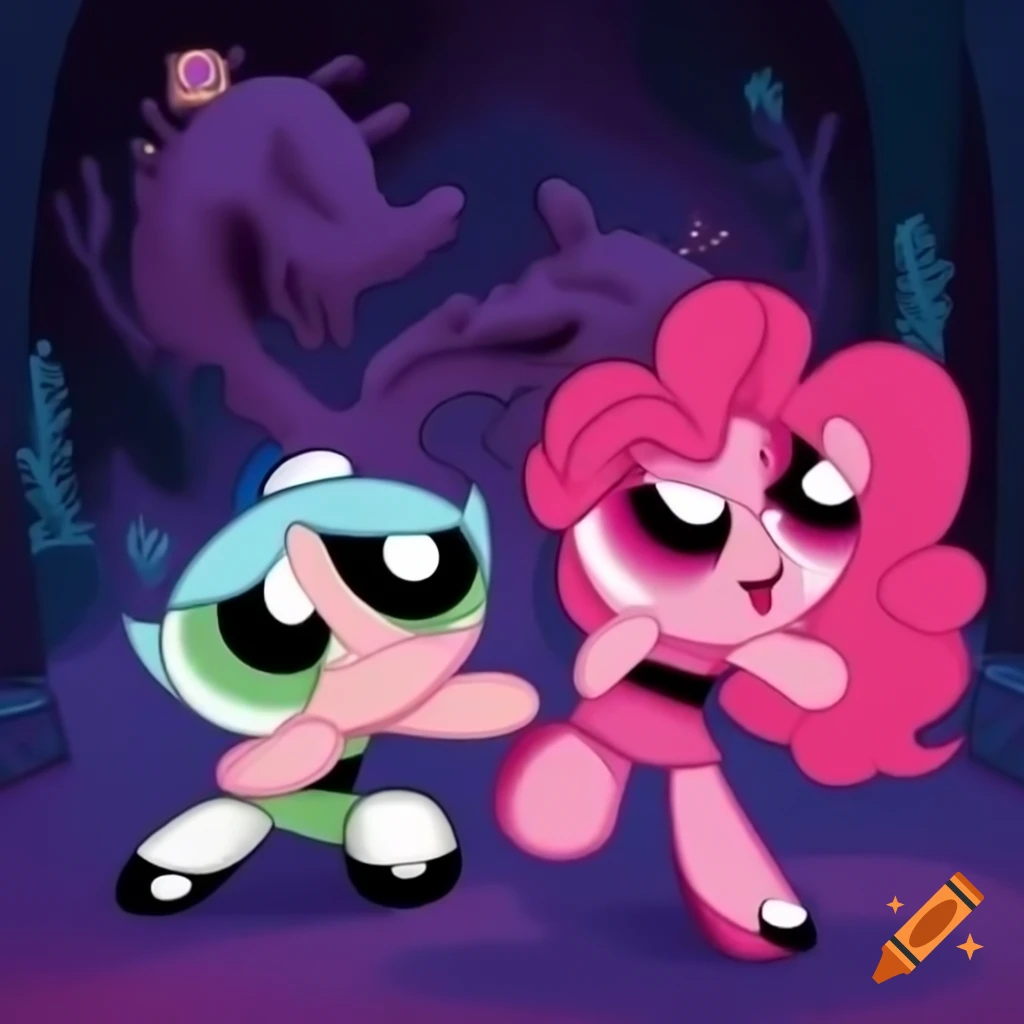 Cartoon scene with PowerPuff Queen Vampire Alien Adelline surrounded by Pinkie Pie, Funshine Bear, Tinky Winky, and Smurfs