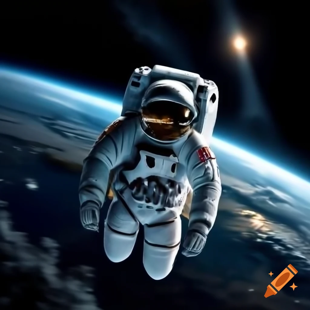 Astronaut in white space suit floating in space with Earth and sunrise