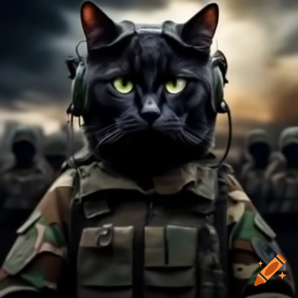 Black female cat dressed in Ukrainian army uniform, poised to pounce