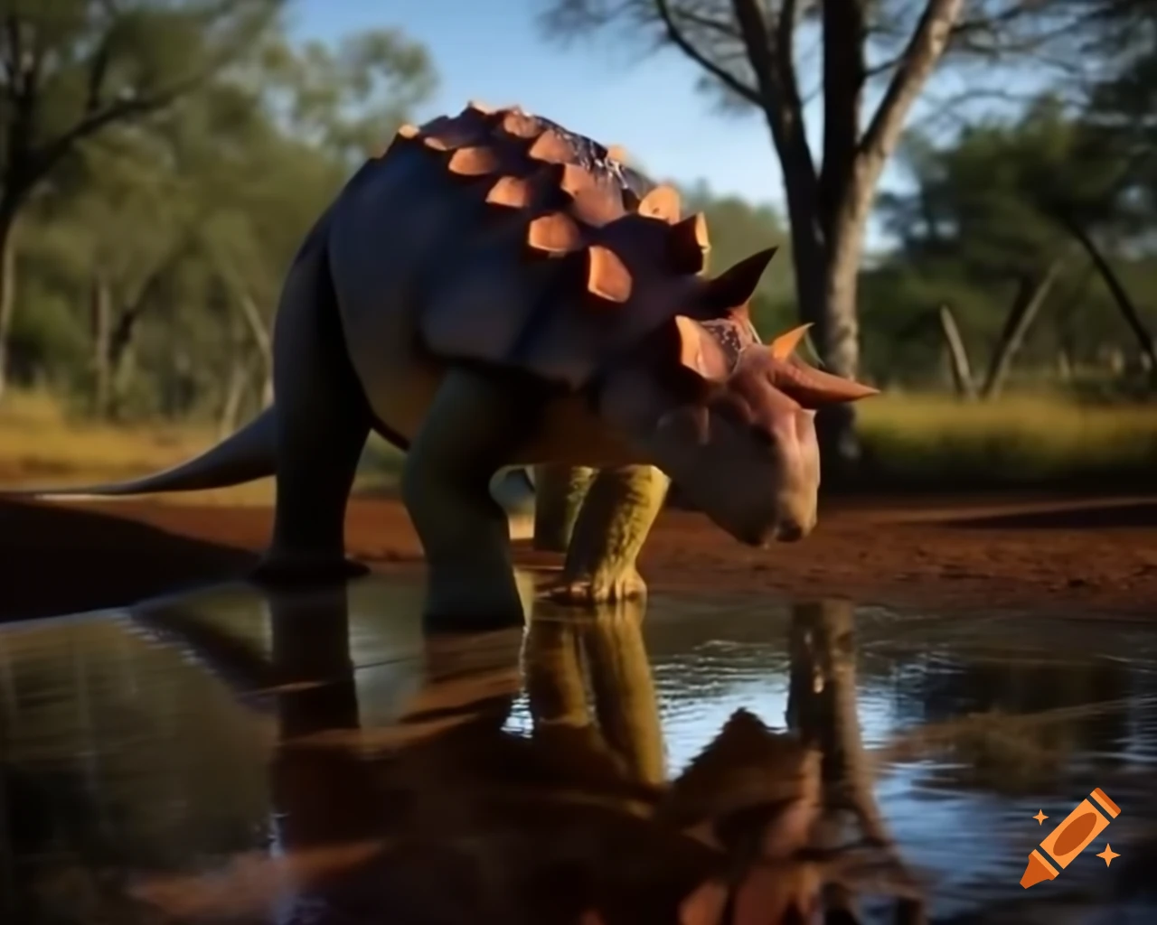 Ankylosaurus drinking in puddle in sunny clearing with bushland background