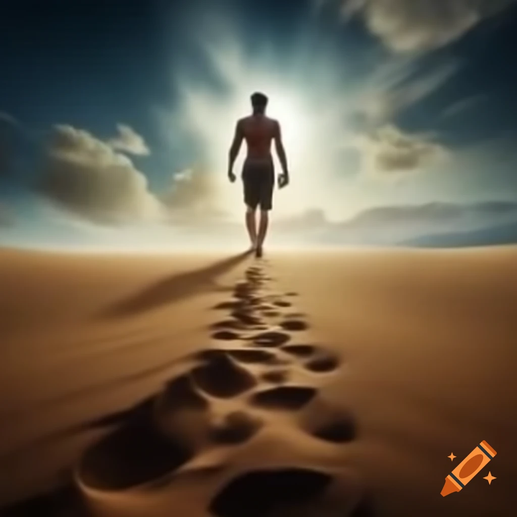 Path through desert with man symbolizing God, green growth in his footsteps