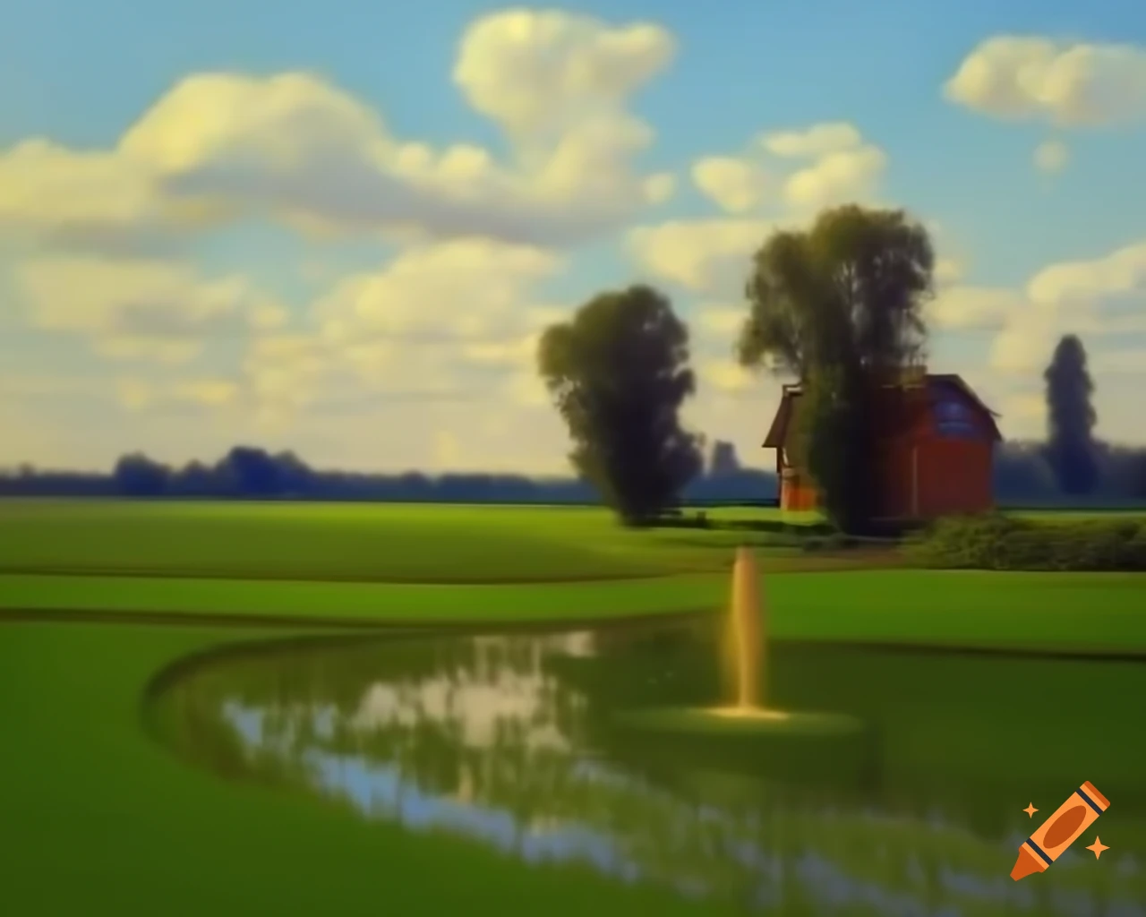 Neoclassical landscape with small house in rice field and lovely sky, inspired by Caspar David Friedrich