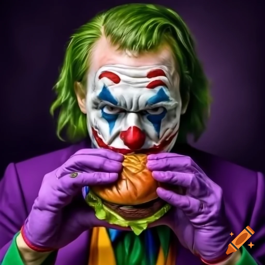Joker character enjoying a burger