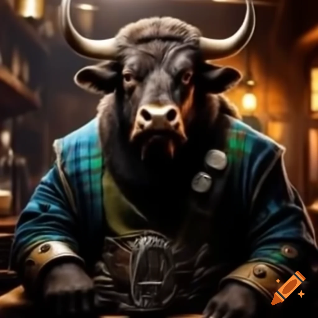 Minotaur in blue and green tartan cloak inside a tavern
