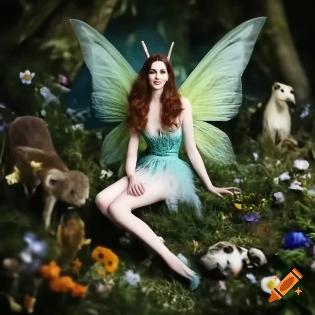 Anne Hathaway as a fairy in enchanted forest with animals and flowers