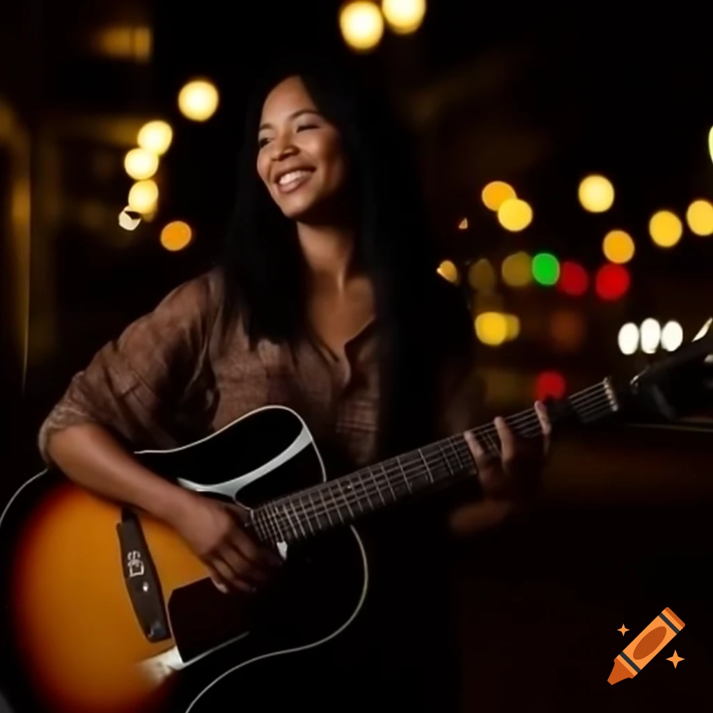 Woman playing guitar on jazz night in New Orleans with night lights