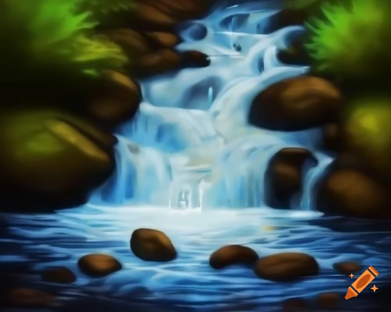 Bubbling brook cascading over stones in stylized video game art