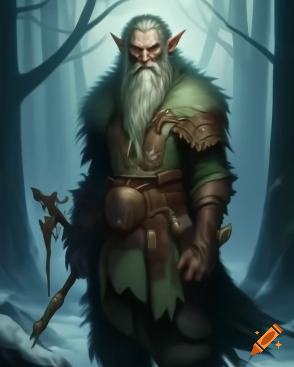 Description of Eirik Grimson, a robust human druid with scars and an imposing presence