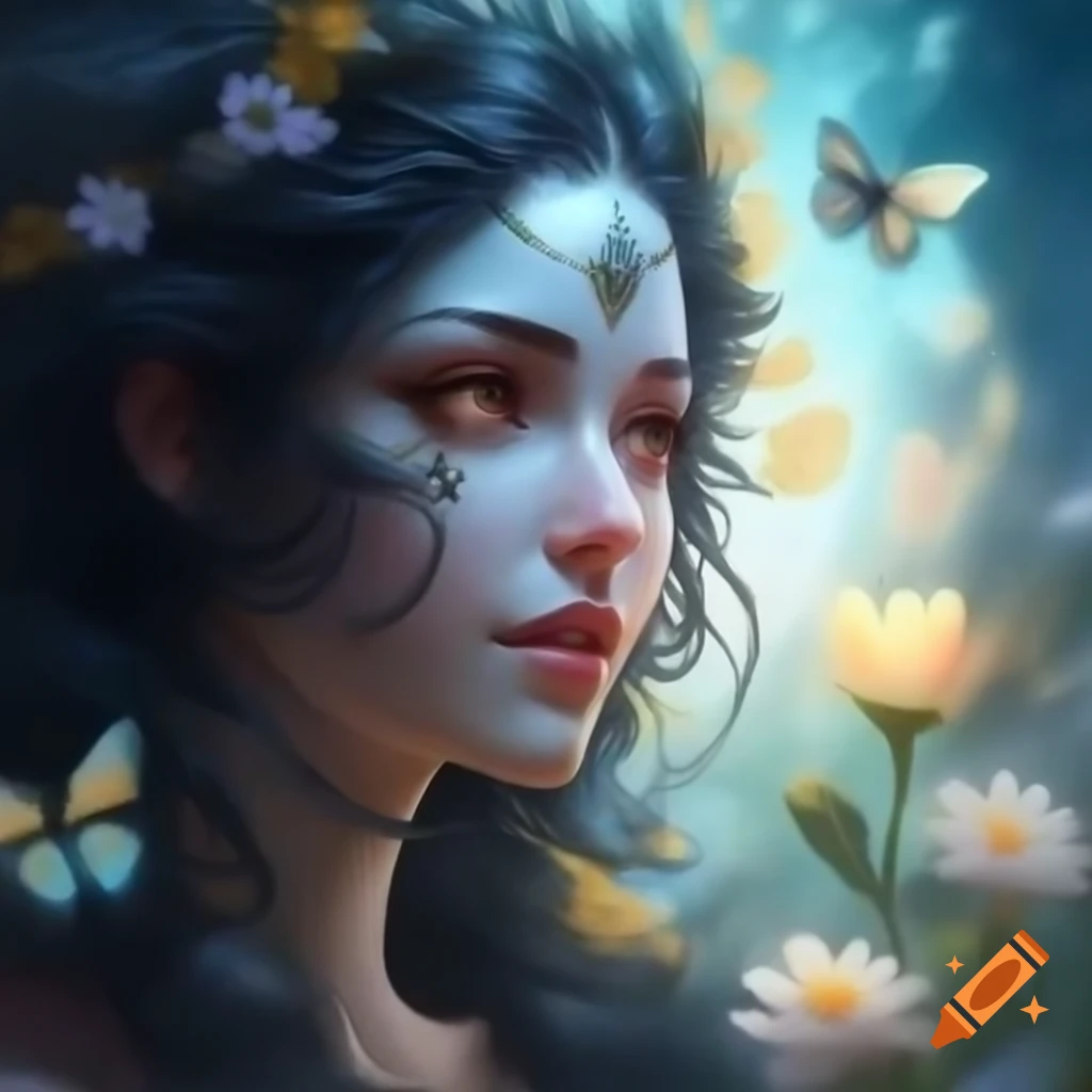 Portrait of a white goddess with glowing black hair surrounded by flowers, leaves, and butterflies