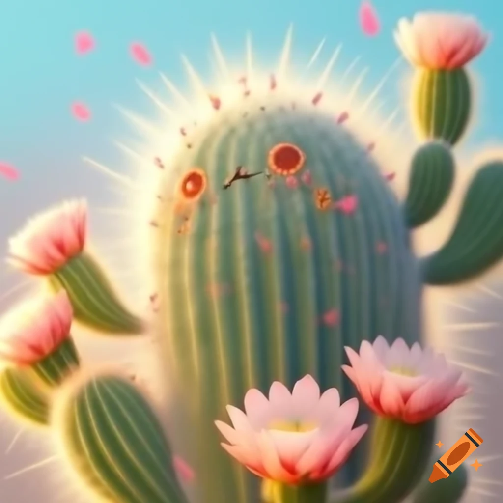 Cactus monster adorned with colorful flowers, serene atmosphere