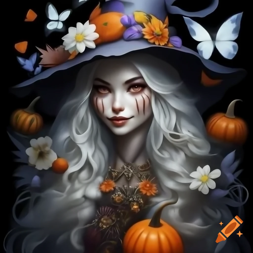 Beautiful white mystical witch with flowers and butterflies on black background