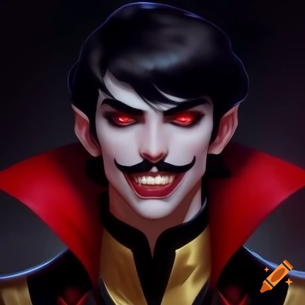 Young adult vampire lord with red eyes and black caftan wearing a golden cape
