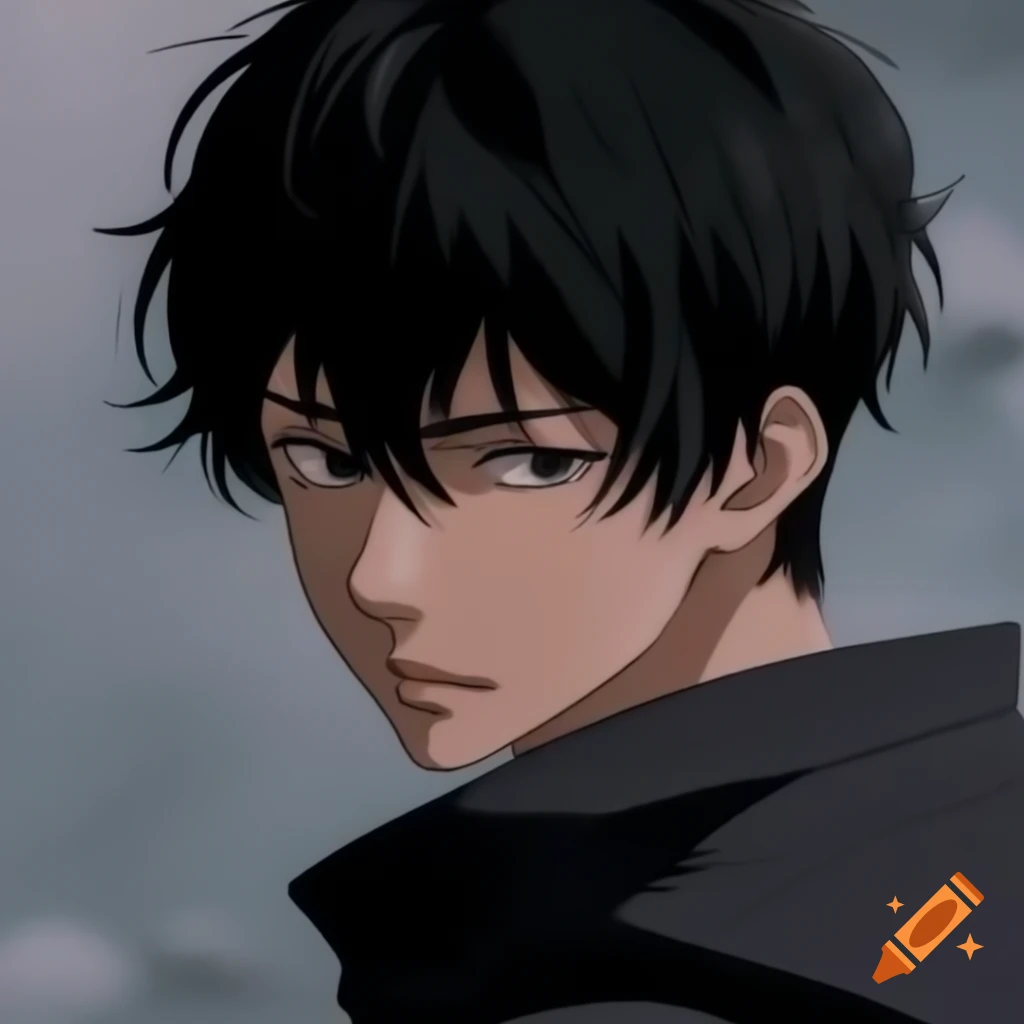 Black haired anime character looking over shoulder at camera