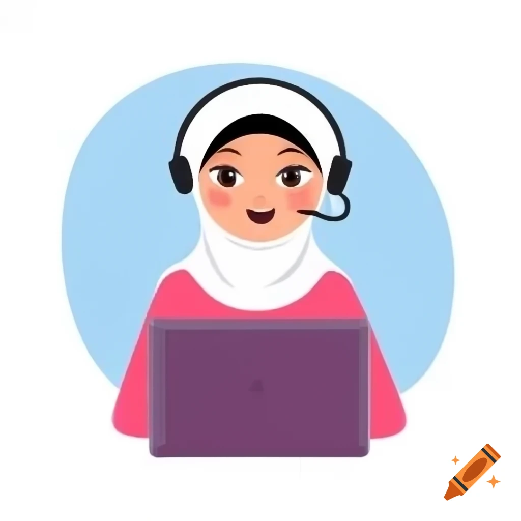 Cartoon of Muslim girl working in customer service call center