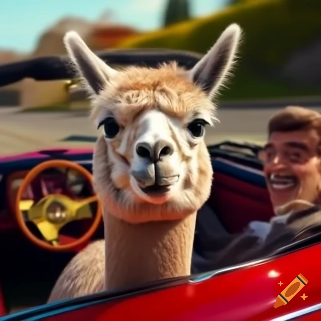 Llama in sparkling vest driving red convertible, Roy Lichtenstein style